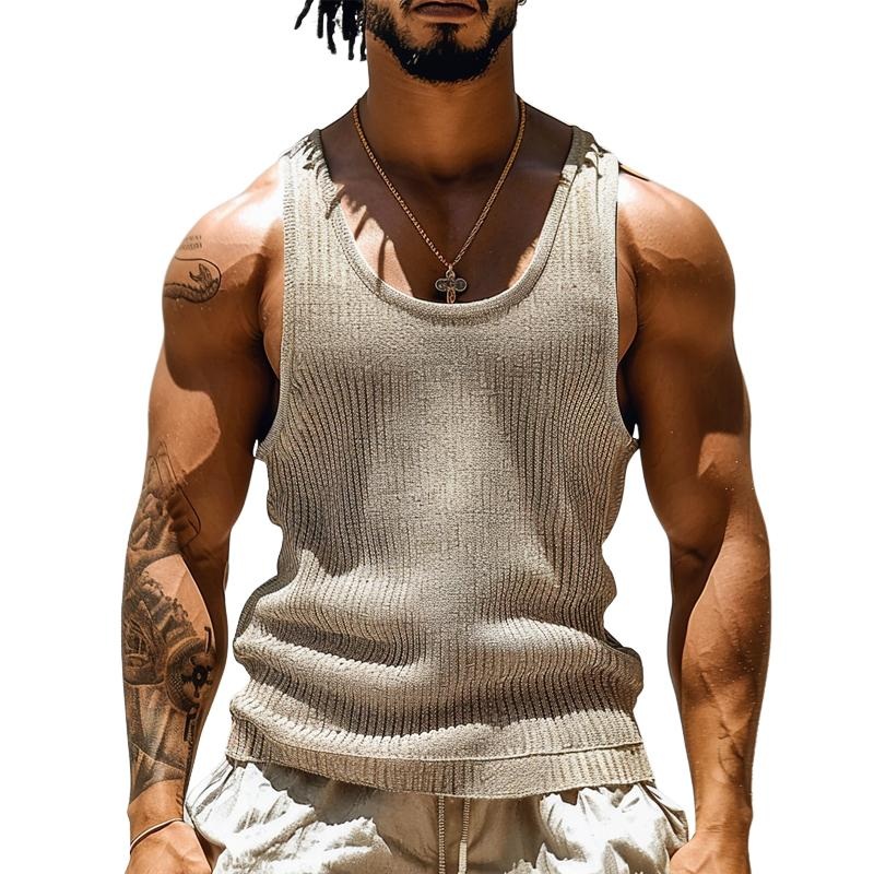 Men’s Solid Color Round Neck Striped Textured Tank Top 77270227X Khaki