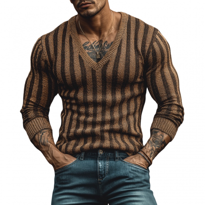 Men’s Vintage Contrast Vertical Striped V-Neck Slim Fit Knit Pullover Sweater MTA1877H4M Brown