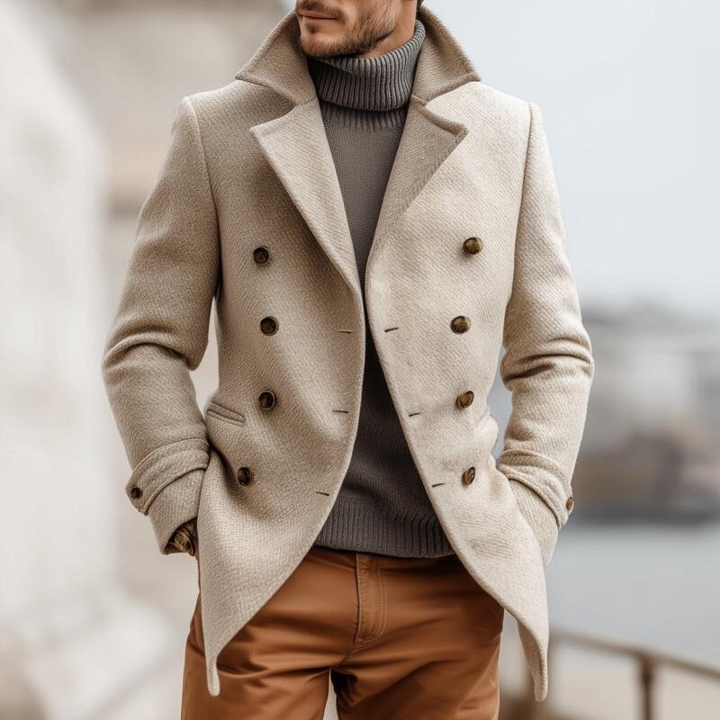 Men’s Vintage Twill Wool Blend Notch Lapel Double-breasted Slim Fit Warm Peacoat MTA2196H8M Light Khaki