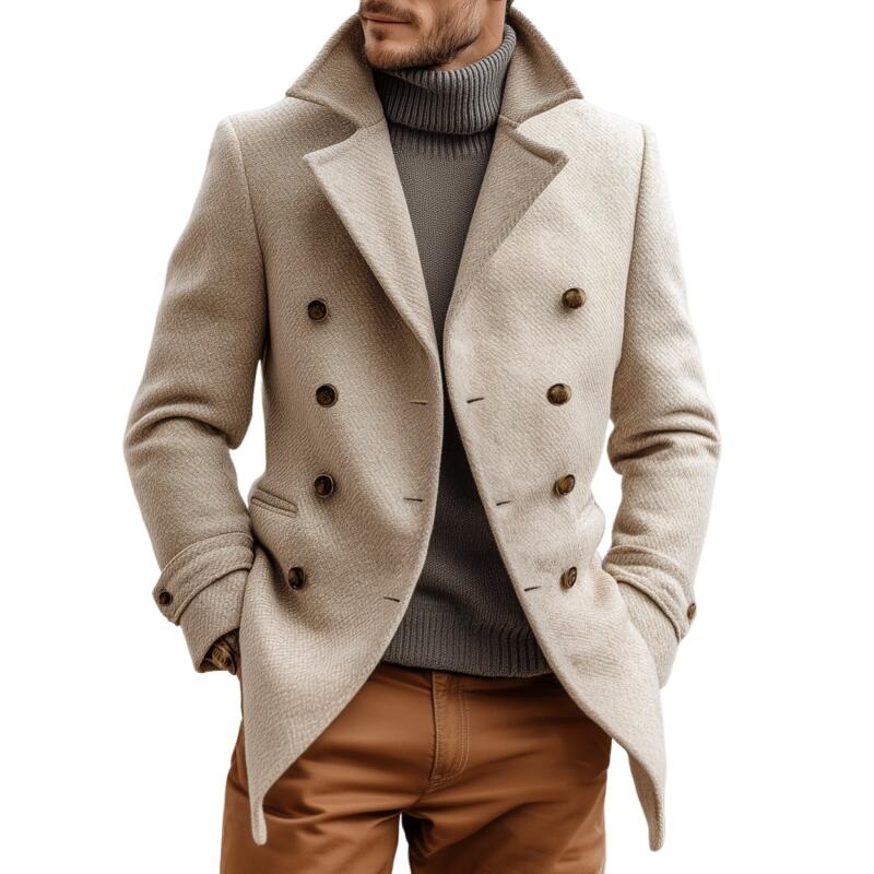 Men’s Vintage Twill Wool Blend Notch Lapel Double-breasted Slim Fit Warm Peacoat MTA2196H8M Light Khaki
