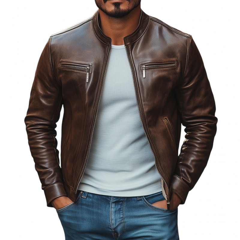 Men’s Vintage Western PU Stand Collar Zipper Placket Slim Fit Motorcycle Jacket MTA1445H9M Coffee