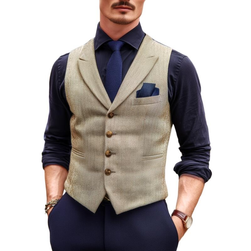 Men’s Vintage Wool Blend Herringbone Lapel Single-Breasted Slim-Fit Suit Vest MTA2740H5M Light Khaki
