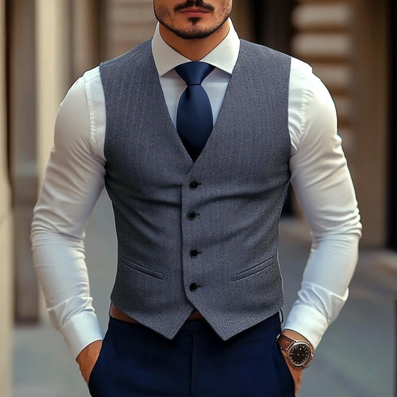 Men’s Vintage Wool Blend Herringbone V-Neck Single-Breasted Slim-Fit Suit Vest MTA2770H7M Blue