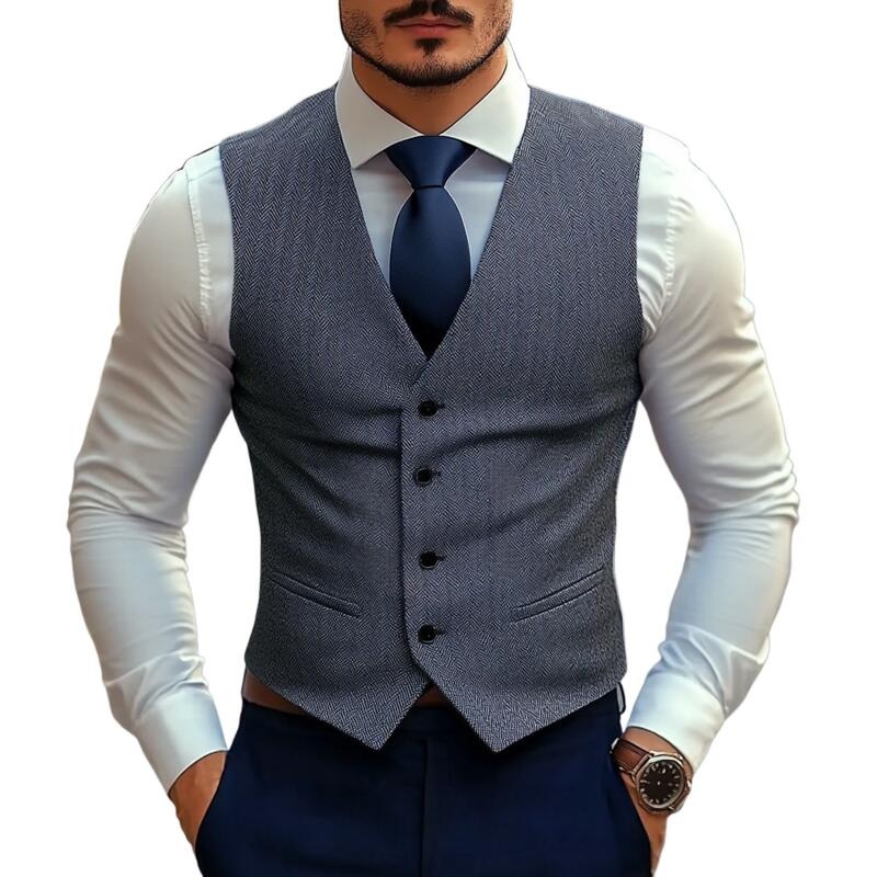 Men’s Vintage Wool Blend Herringbone V-Neck Single-Breasted Slim-Fit Suit Vest MTA2770H7M Blue