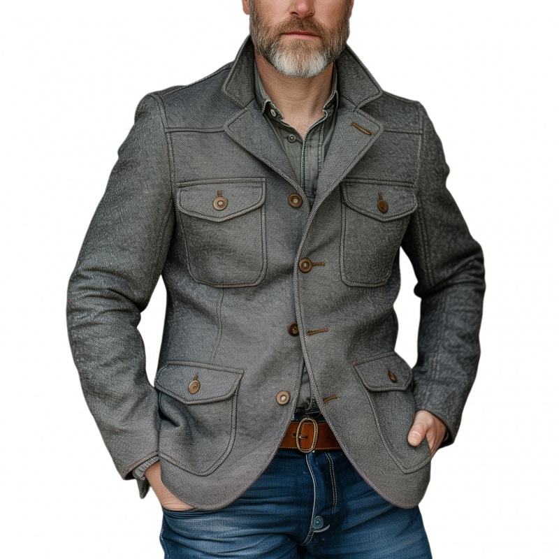 Men’s Vintage Wool Blend Notch Lapel Single-breasted Multi-pocket Slim-fit Safari Jacket MTA1494H8M Gray