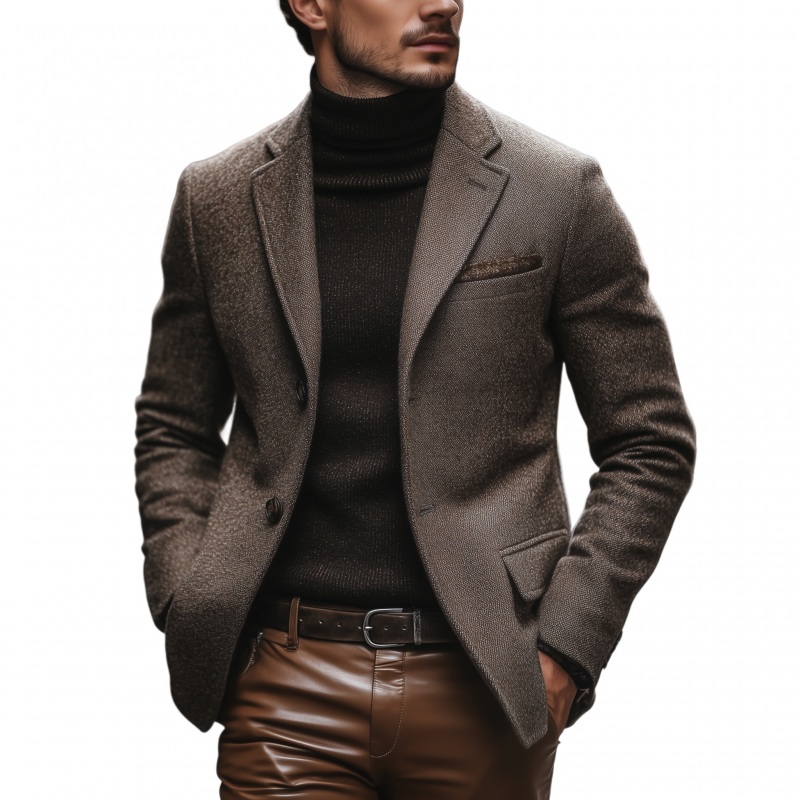 Men’s Vintage Wool Blend Notch Lapel Single-breasted Slim Fit Warm Short Blazer MTA1416H9M Brown