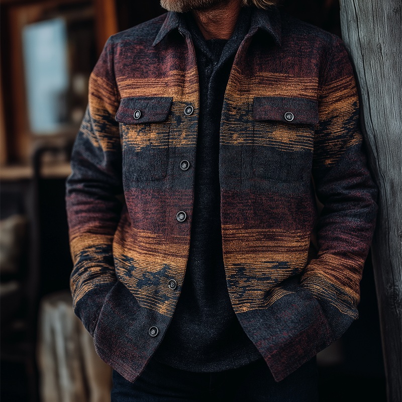 Men’s Retro Casual Western Style Printed Shirt Jacket MTA2823H1TO Navy