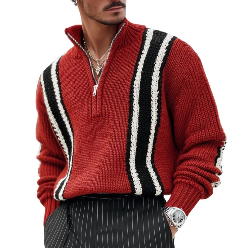 Men’s Vintage Contrast Striped Breathable Knit Zipper Stand Collar Loose Pullover Sweater MTA2841H3M Red