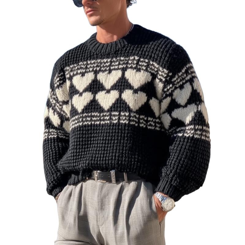 Men’s Vintage Heart Jacquard Breathable Knitted Round Neck Loose Pullover Sweater MTA2844H8M Black