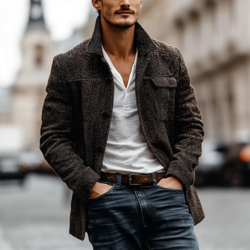 Men’s Vintage Twill Wool Blend Lapel Single-breasted Loose Short Coat MTA2703H2M Black