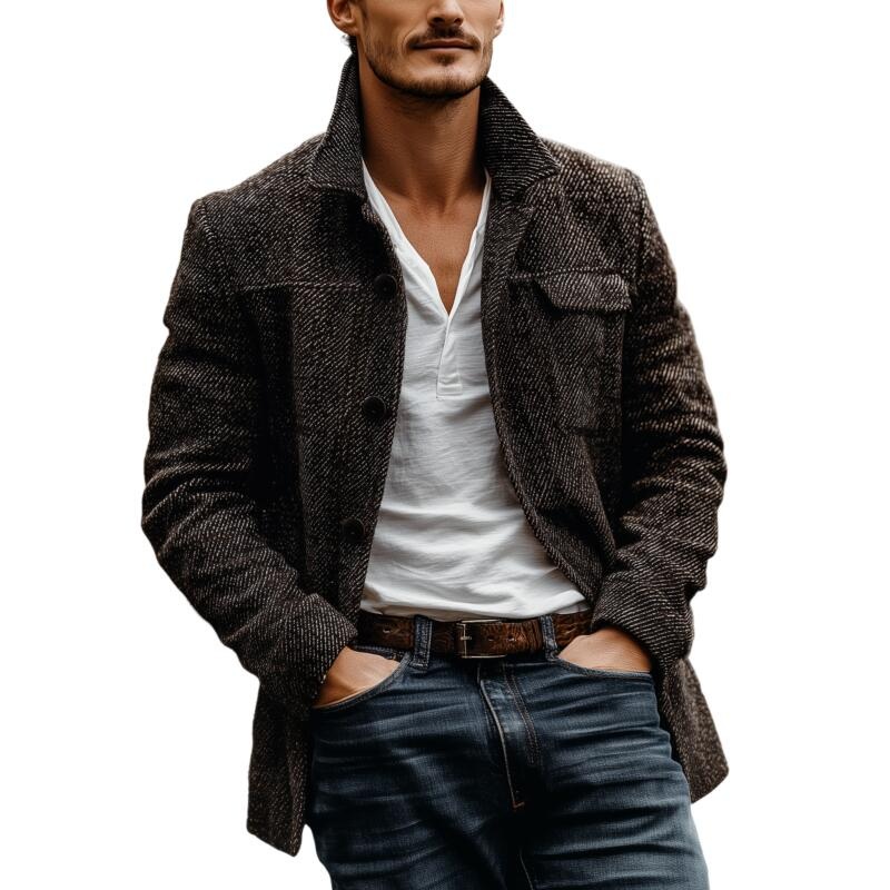 Men’s Vintage Twill Wool Blend Lapel Single-breasted Loose Short Coat MTA2703H2M Black