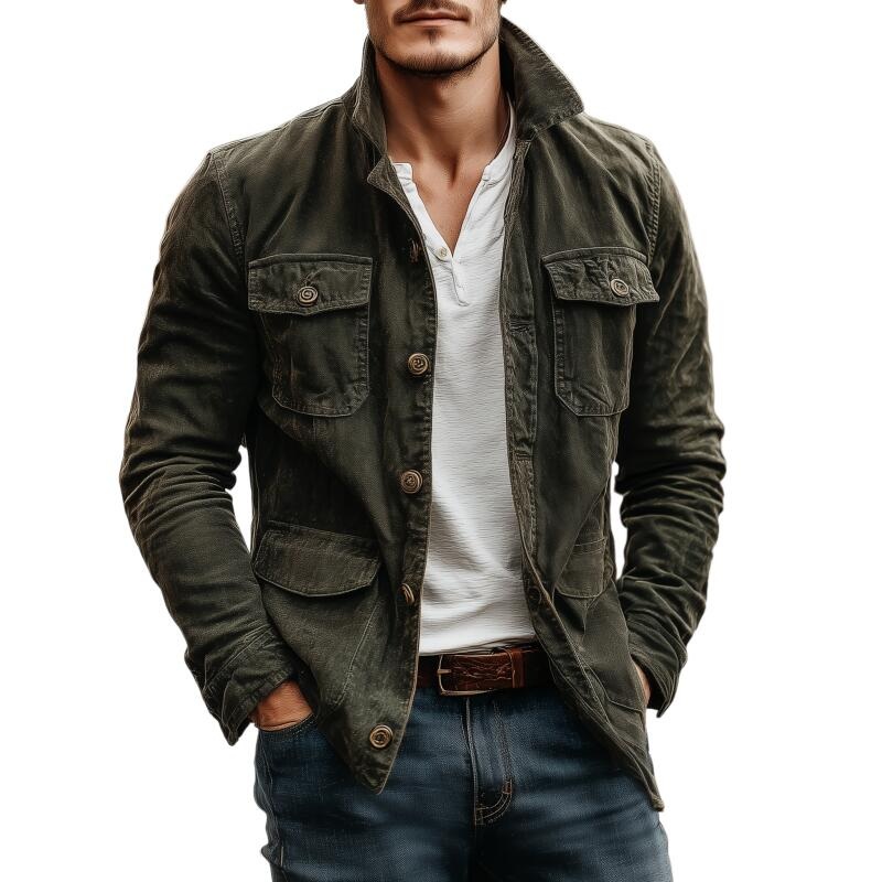 Men’s Vintage Washed Distressed Cotton Lapel Single-breasted Multi-pocket Cargo Jacket MTA2559H1M Dark Green