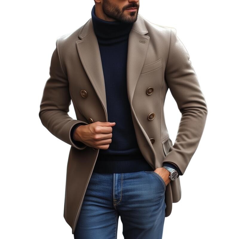 Men’s Vintage Wool Blend Notch Lapel Double-Breasted Slim-Fit Coat MTA3022H7M Gray Khaki