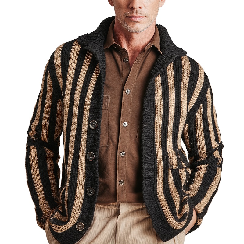 Men’s Winter Fashion Vertical Striped Knitted Cardigan MTA0192I5P Khaki