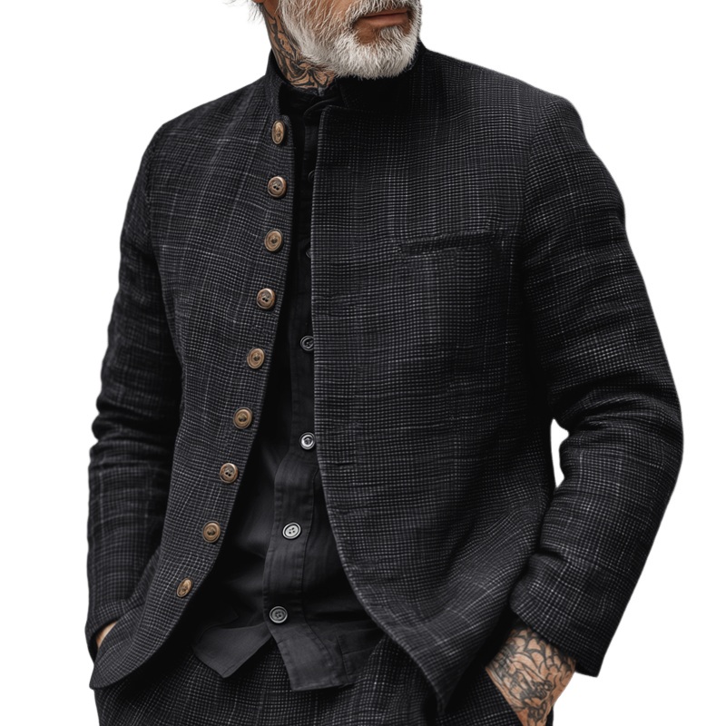 Men’s Woven Textured Plaid Stand Collar Single-Breasted Jacket MTA2897H4Z Black