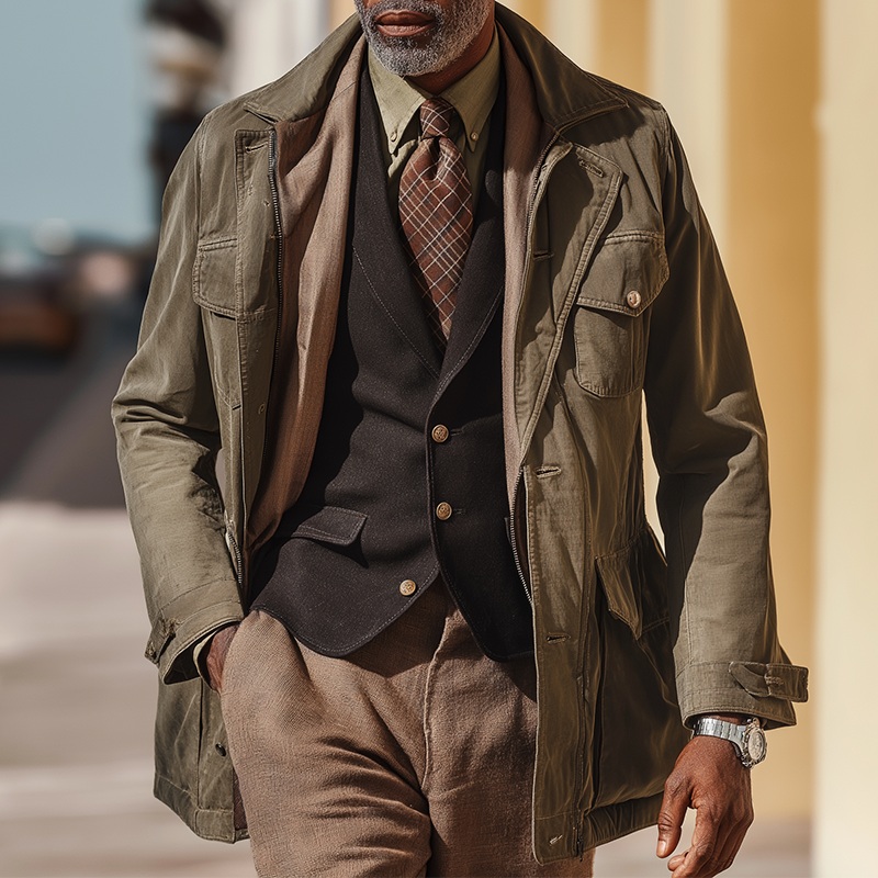 Men’s American Retro Style Washed Cotton Blend Mid-Length Trench Coat Jacket MTA0292I2P Army Green