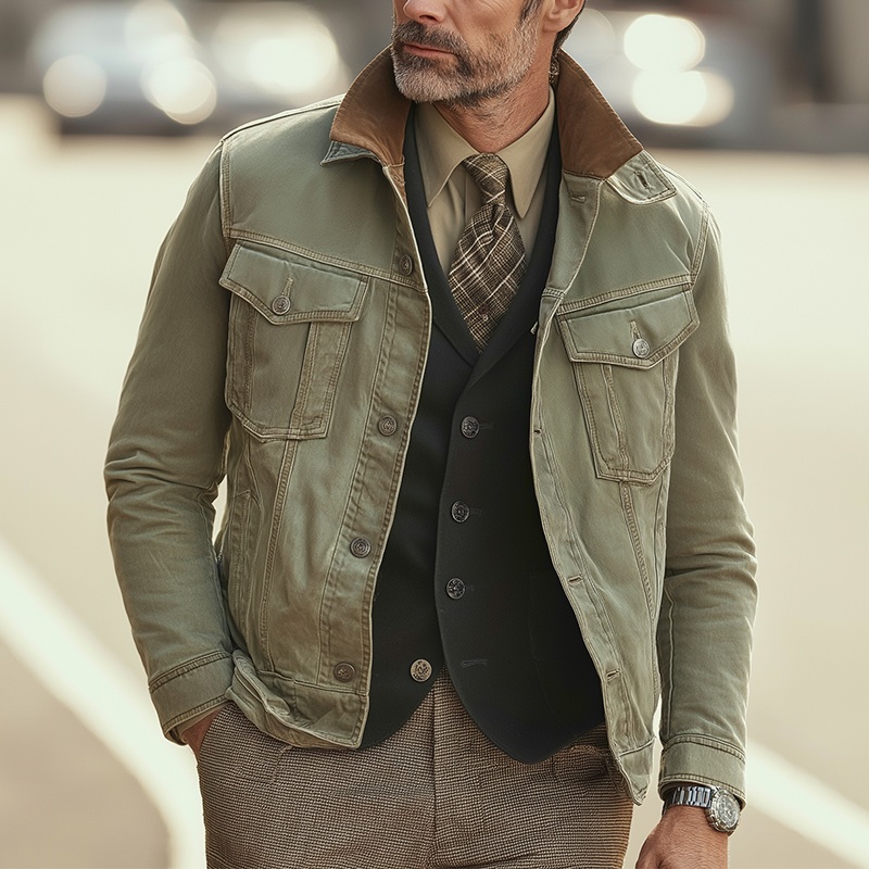 Men’s American Retro Style Washed Denim Faux Suede Patchwork Jacket MTA0280I4P Green