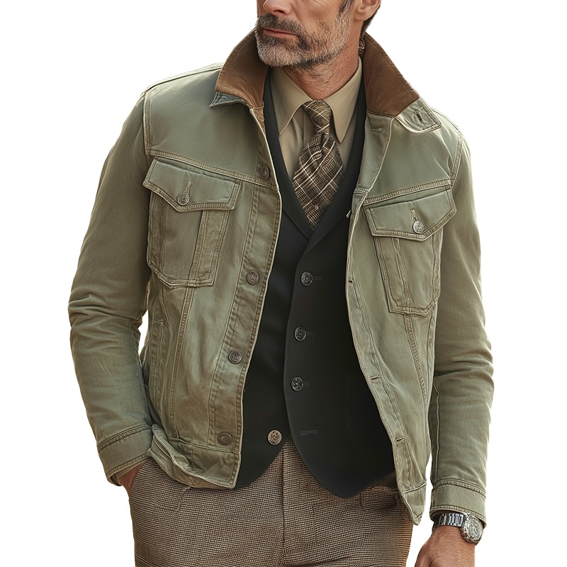 Men’s American Retro Style Washed Denim Faux Suede Patchwork Jacket MTA0280I4P Green