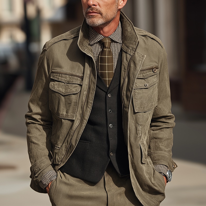 Men’s American Retro Washed Distressed Denim Jacket MTA0286I5P Green