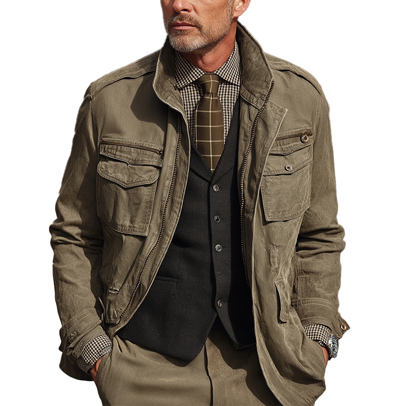 Men’s American Retro Washed Distressed Denim Jacket MTA0286I5P Green