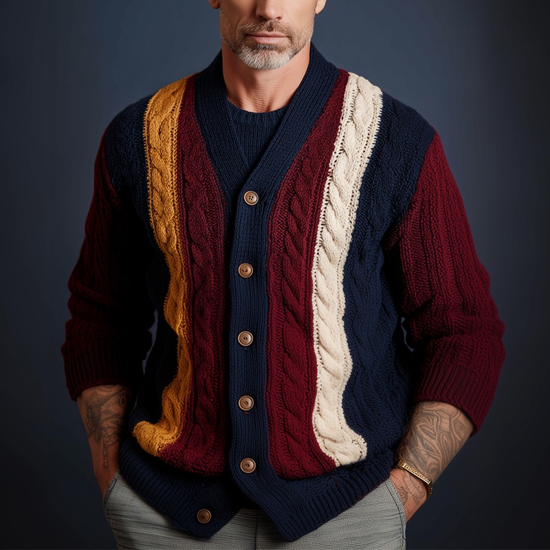Men’s Autumn And Winter Retro Color-Contrast Twist Pattern Knitted Cardigan MTA0894I8P Navy