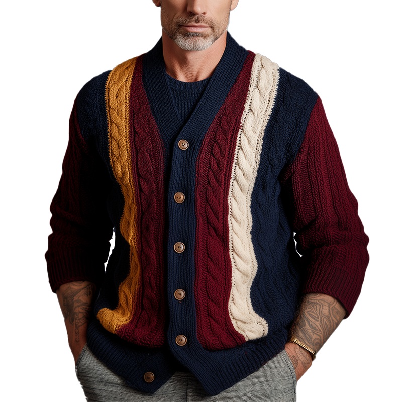 Men’s Autumn And Winter Retro Color-Contrast Twist Pattern Knitted Cardigan MTA0894I8P Navy