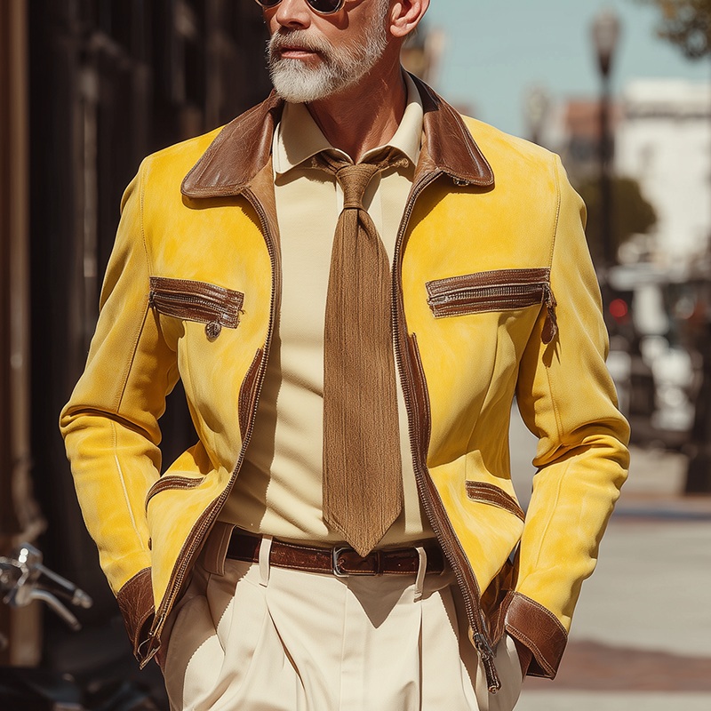 Men’s Autumn And Winter Retro Faux Suede PU Leather Patchwork Jacket MTA0864I5P Yellow