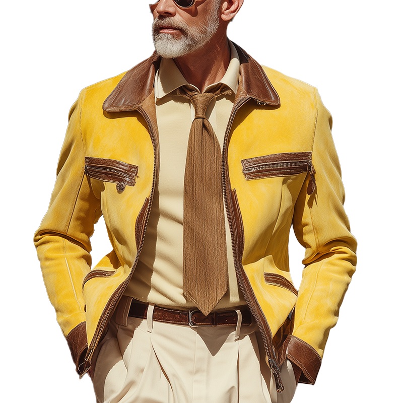Men’s Autumn And Winter Retro Faux Suede PU Leather Patchwork Jacket MTA0864I5P Yellow