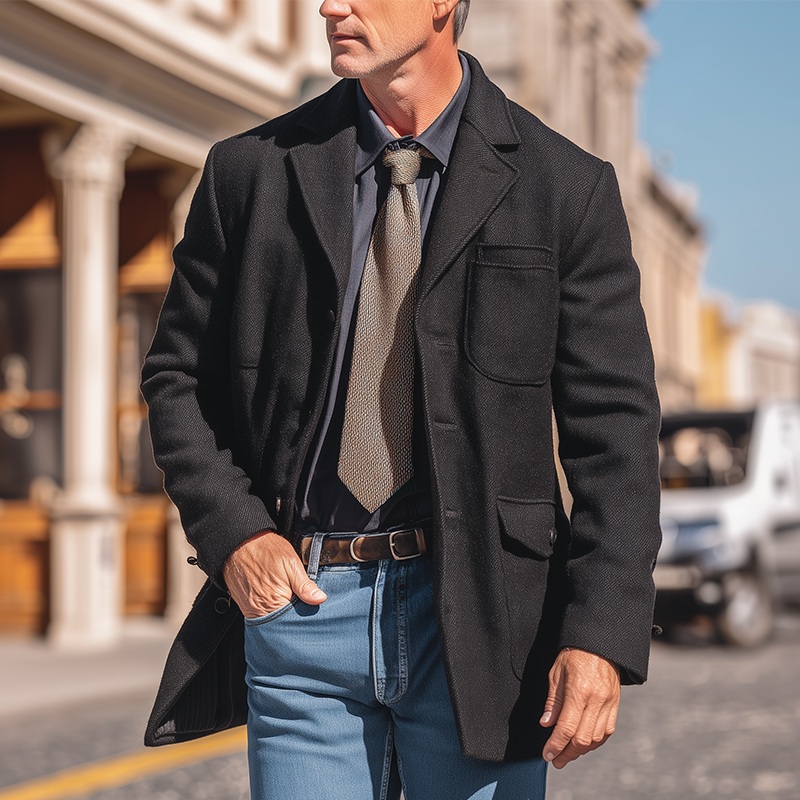 Men’s Autumn And Winter Simple Tweed Mid-length Light Business Coat MTA0801I7P Black