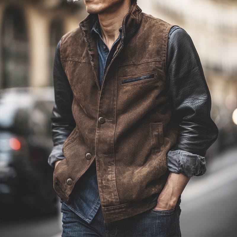 Men’s Retro Casual Cotton Washed Stand Collar Button Vest MTA0141I6TO Brown