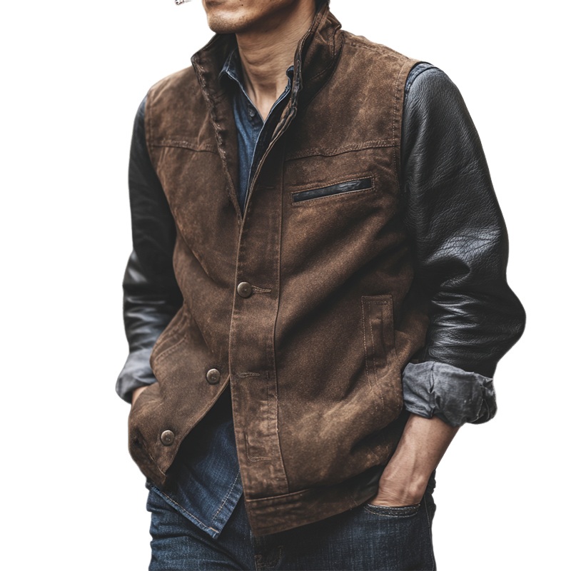 Men’s Retro Casual Cotton Washed Stand Collar Button Vest MTA0141I6TO Brown