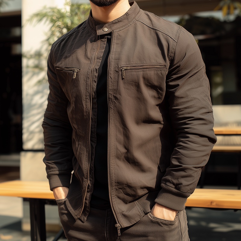 Men’s Vintage Casual Cotton Washed Zipper Stand Collar Jacket MTA2921H5TO Brown