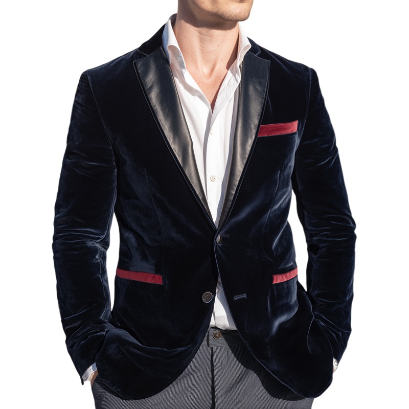 Men’s Vintage Velvet And PU Leather Collar Two Button Blazer MTA0542I3U Navy