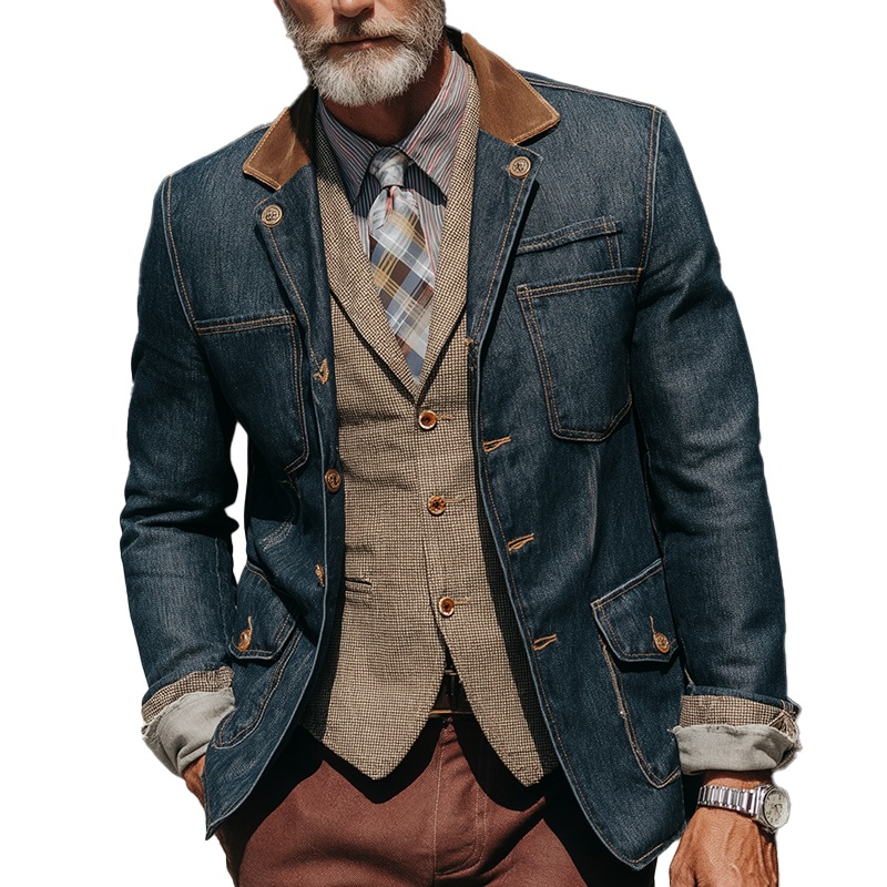 Men’s Vintage Washed Distressed Denim Faux Suede Patchwork Formal Jacket MTA0270I0P Blue