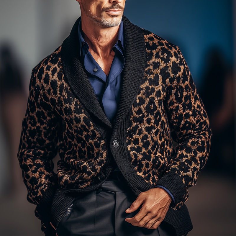 Men’s Winter Vintage Leopard Print Knitted Warm Cardigan MTA0530I6P Leopard