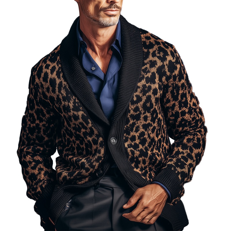 Men’s Winter Vintage Leopard Print Knitted Warm Cardigan MTA0530I6P Leopard