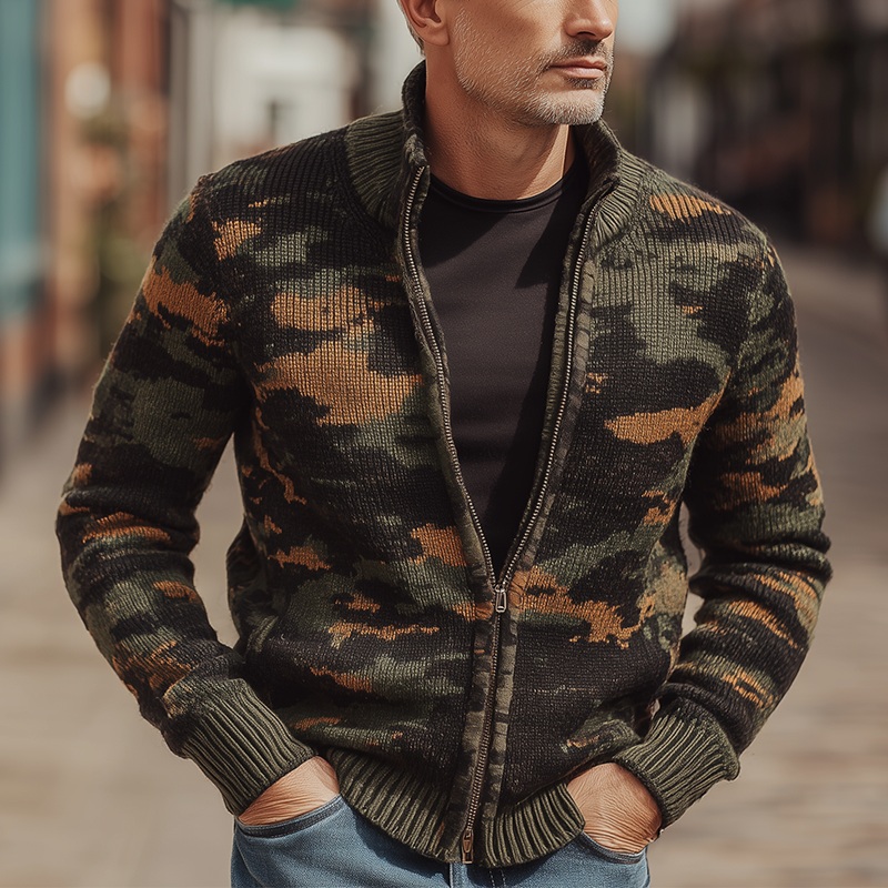 Men’s Autumn And Winter Fashion Camouflage Knitted Zipper Sweater Cardigan MTA1362I8P Camouflage