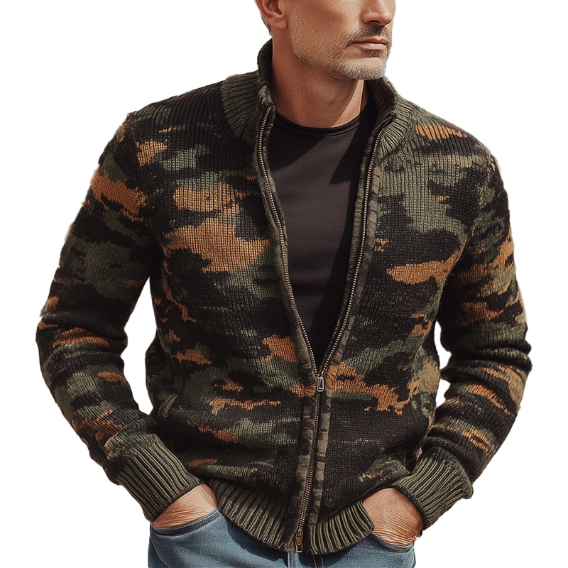 Men’s Autumn And Winter Fashion Camouflage Knitted Zipper Sweater Cardigan MTA1362I8P Camouflage