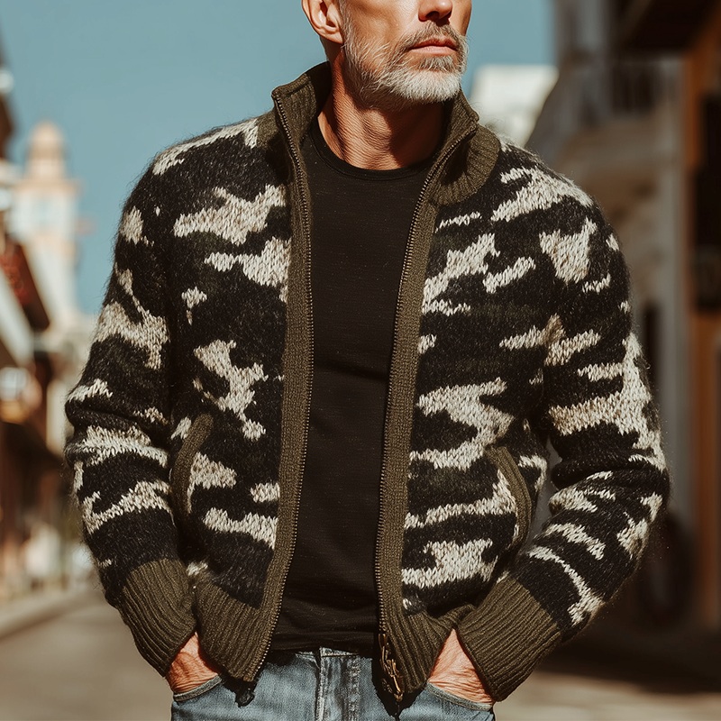 Men’s Autumn And Winter Fashion Camouflage Knitted Zipper Sweater Cardigan MTA1393I7P Camouflage