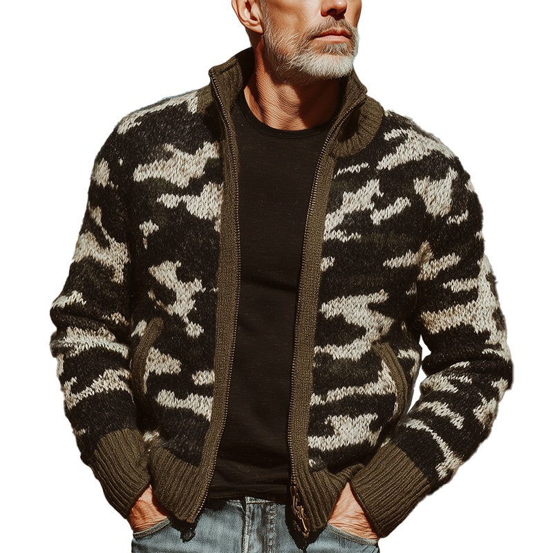 Men’s Autumn And Winter Fashion Camouflage Knitted Zipper Sweater Cardigan MTA1393I7P Camouflage