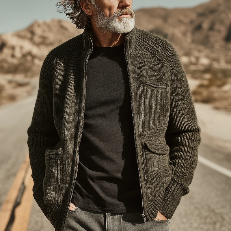 Men’s Autumn And Winter Fashion Stand Collar Knitted Zipper Cardigan MTA1192I2P Army Green