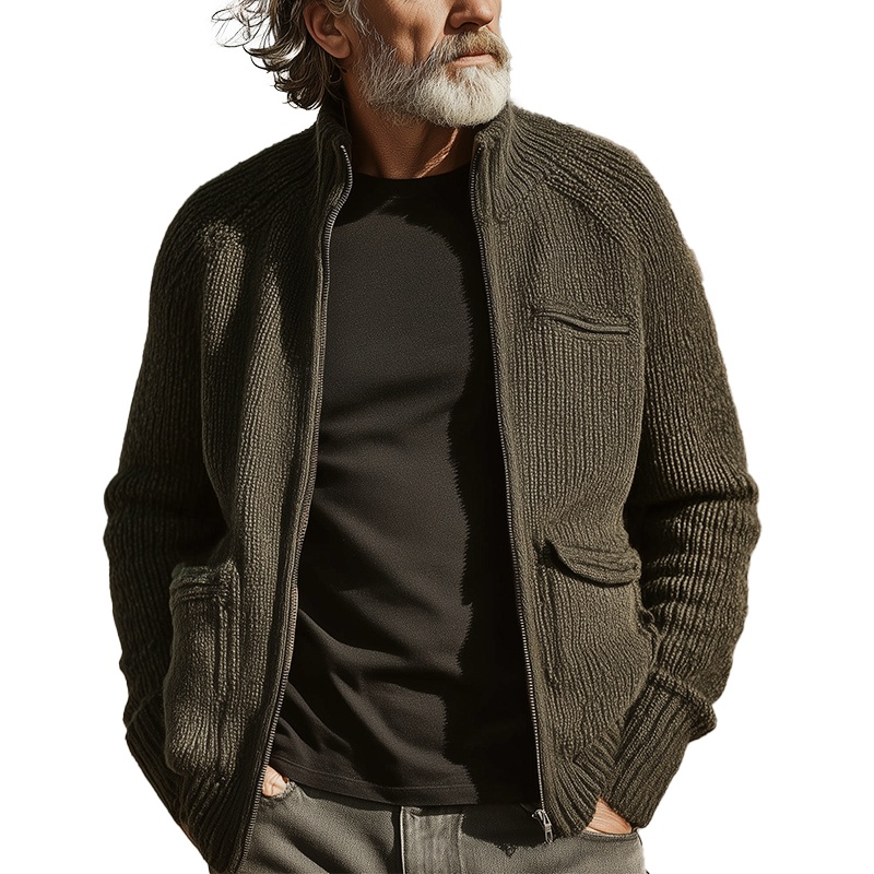 Men’s Autumn And Winter Fashion Stand Collar Knitted Zipper Cardigan MTA1192I2P Army Green