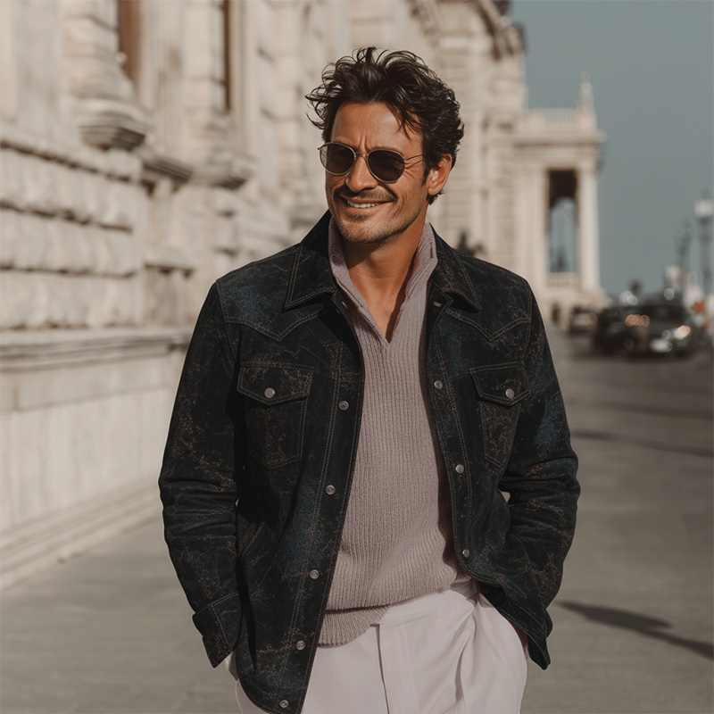 Men’s Autumn And Winter Retro Pattern Faux Suede Jacket MTA1506I9P Black