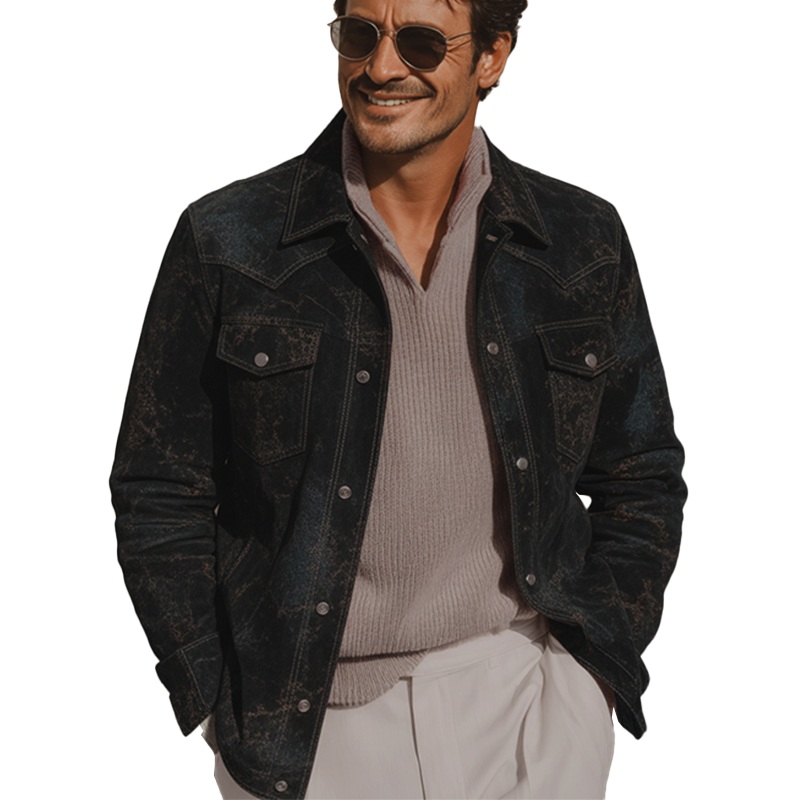 Men’s Autumn And Winter Retro Pattern Faux Suede Jacket MTA1506I9P Black