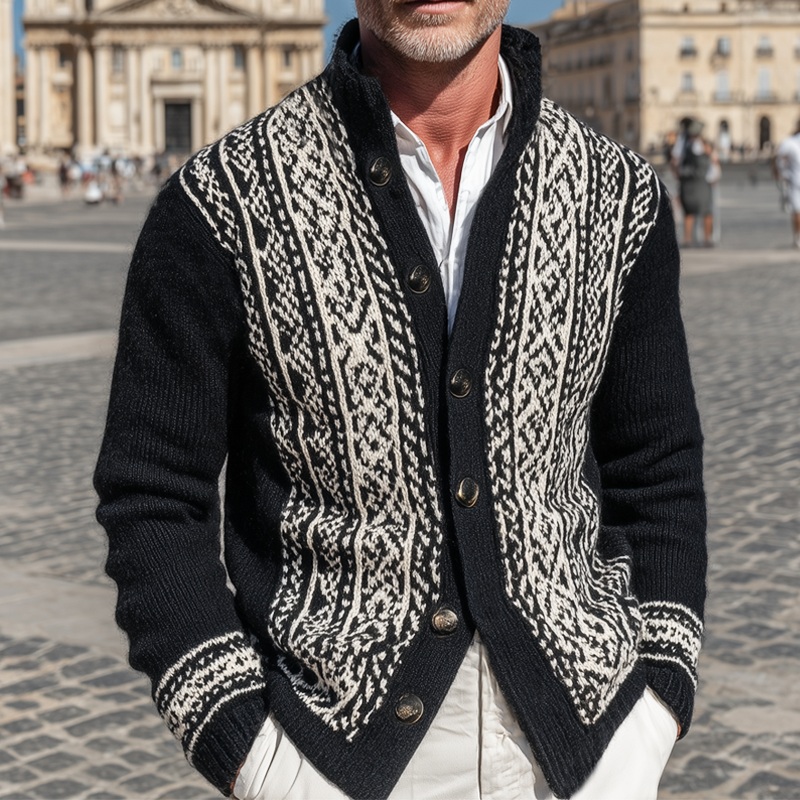 Men’s Classic Stand Collar Colorblock Jacquard Button Knit Cardigan MTA1066I7U Black