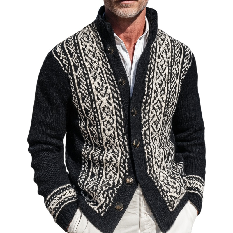 Men’s Classic Stand Collar Colorblock Jacquard Button Knit Cardigan MTA1066I7U Black