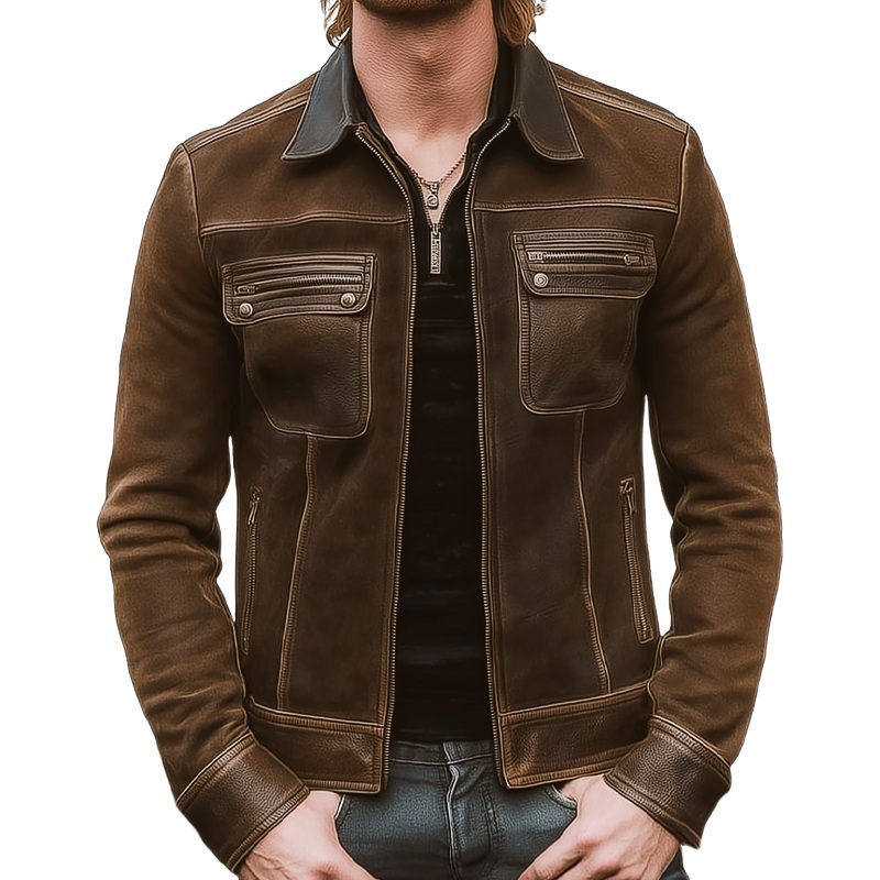 Men’s Vintage Suede And PU Leather Patchwork Zipper Jacket MTA0854I5U Brown