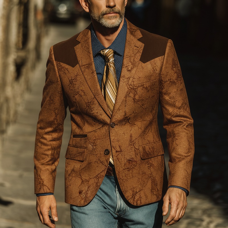 Men’s Autumn Fashion Retro Faux Suede Patchwork Suit Jacket MTA1533I8P Brown