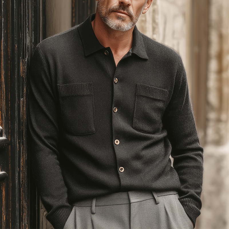 Men’s Autumn Fashion Solid Color Knitted Pocket Thin Cardigan MTA1627I1P Dark Grey