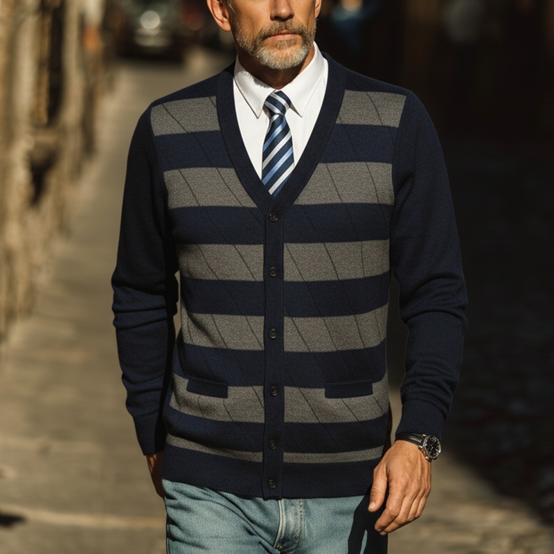 Men’s Autumn Fashion Striped Knitted Thin Sweater Cardigan MTA1545I2P Navy Blue